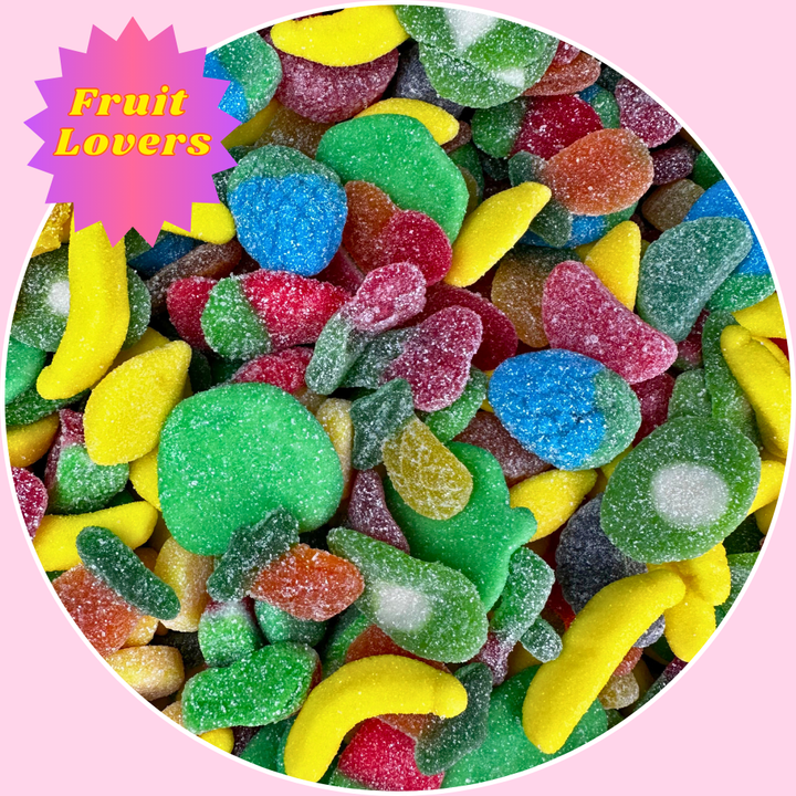 Colorful fruit gummy candy mix, 'Fruit Lovers', cherry gummies, blue raspberry gummies, assorted fruit gummy mix, gummy candy pack, tropical gummies, strawberry gummies, kiwi gummies, banana gummies