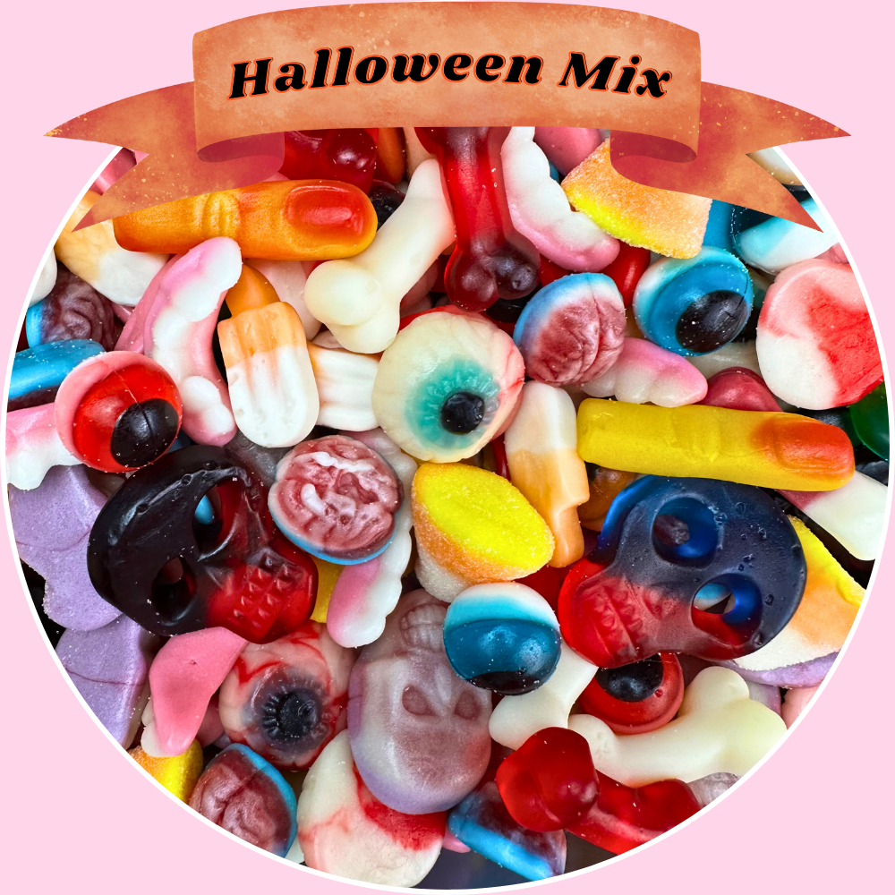 Assorted Halloween-themed gummy candies, 'Halloween Mix', gummy eyeballs, gummy skulls, gummy bones, gummy brains, gummy teeth, gummy body parts, candy corn, fruit-flavored gummies, halloween-themed candy, halloween party favors