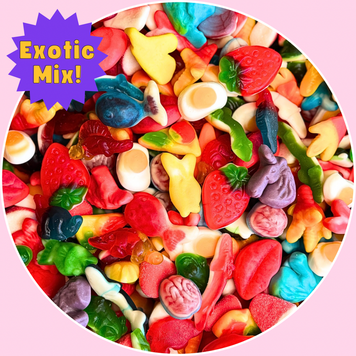 A colorful variety of exotic-shaped gummies including turtles, brains, eggs, pizza slices, and other fun candy shapes in a round Bits Candy bag. Offered in different sizes like 1 pound, 2 pound and 3 pound. Soft and chewy, in a resealable pouch. Perfect for novelty gifts. Exotic gummies, Fun Gummies, turtle gummies, brain gummies, egg gummies, Pizza Gummies, Novelty gummies, colorful gummies, gummy shapes
