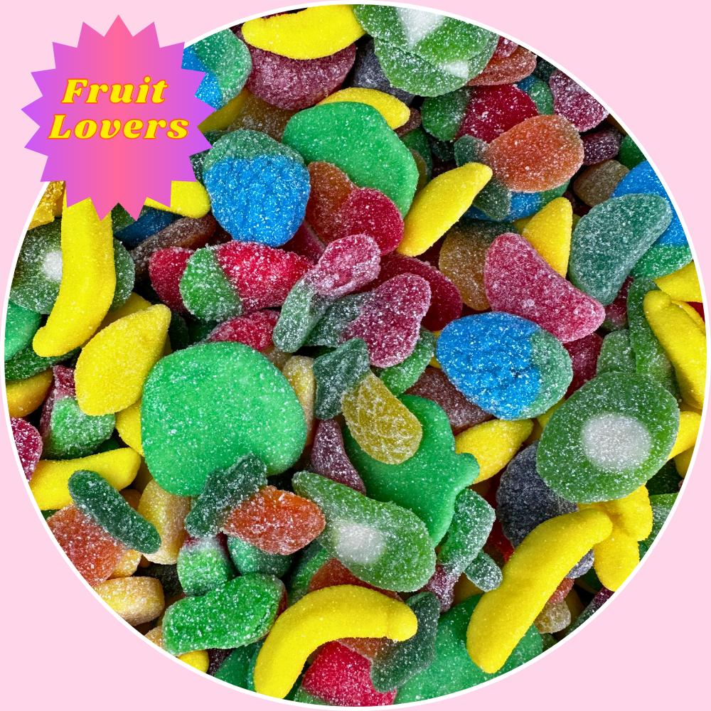 Colorful fruit gummy candy mix, 'Fruit Lovers', cherry gummies, blue raspberry gummies, assorted fruit gummy mix, gummy candy pack, tropical gummies, strawberry gummies, kiwi gummies, banana gummies